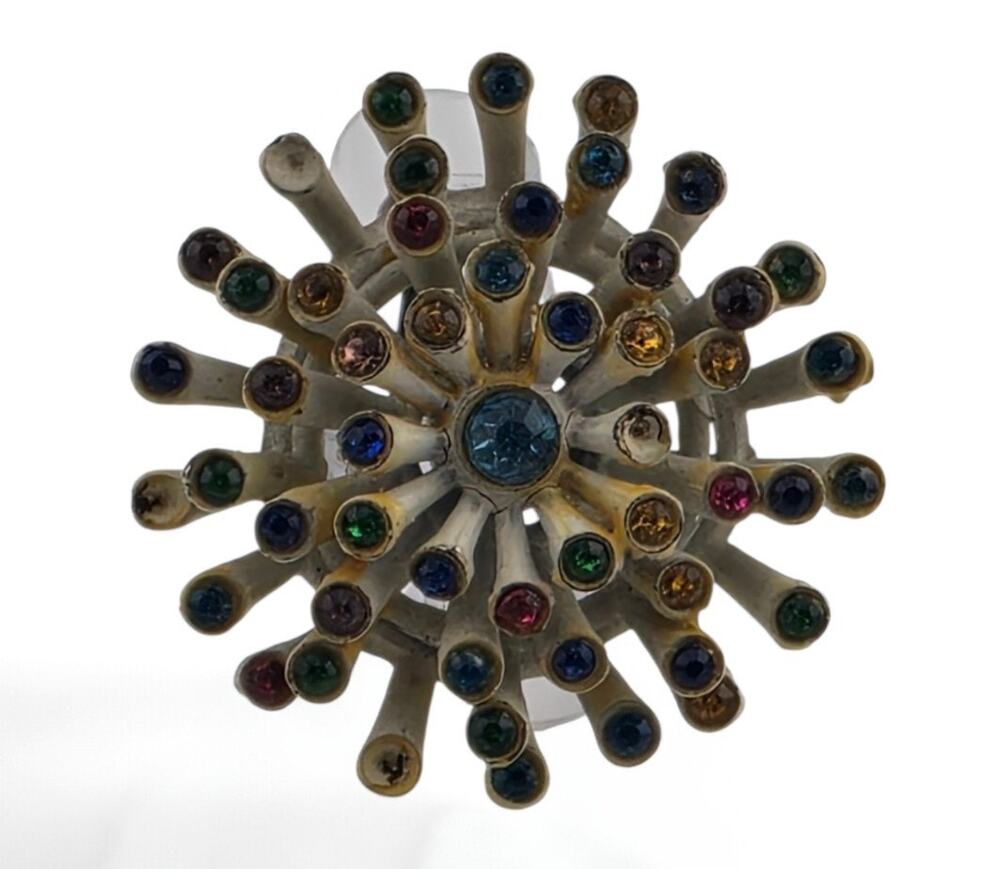 Vintage Multicolor Rhinestone Starburst Flower Brooch Cream Openwork Pin